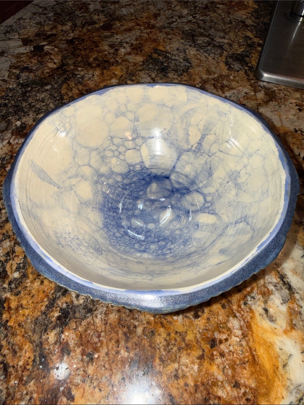 Artisan Hand Thrown Blue & Cream Pottery  Bowl - Home Art Marked ARK